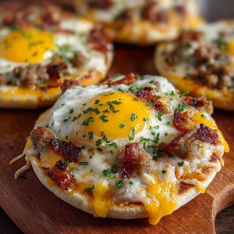 A plate of bacon and egg pizza.