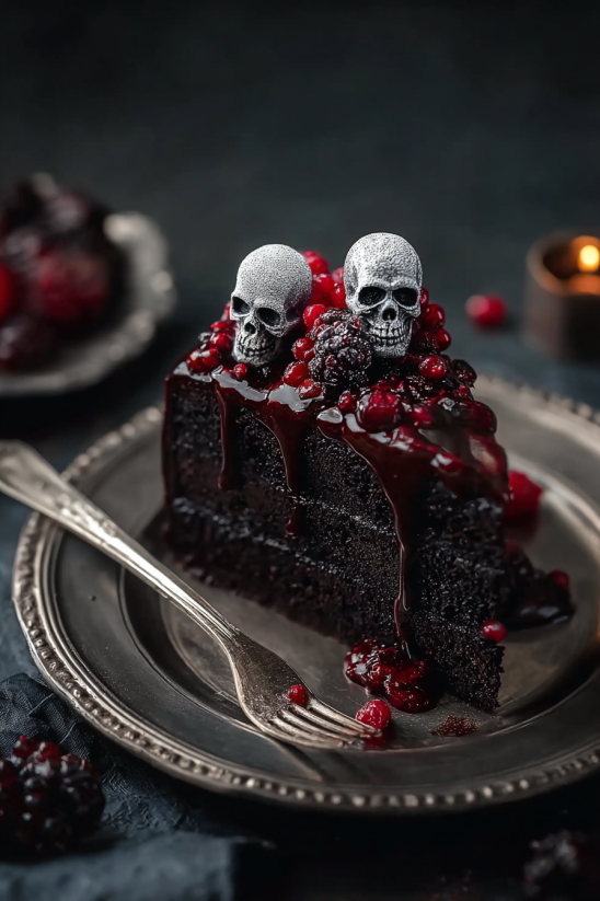 A slice of spooky black velvet Halloween cake.