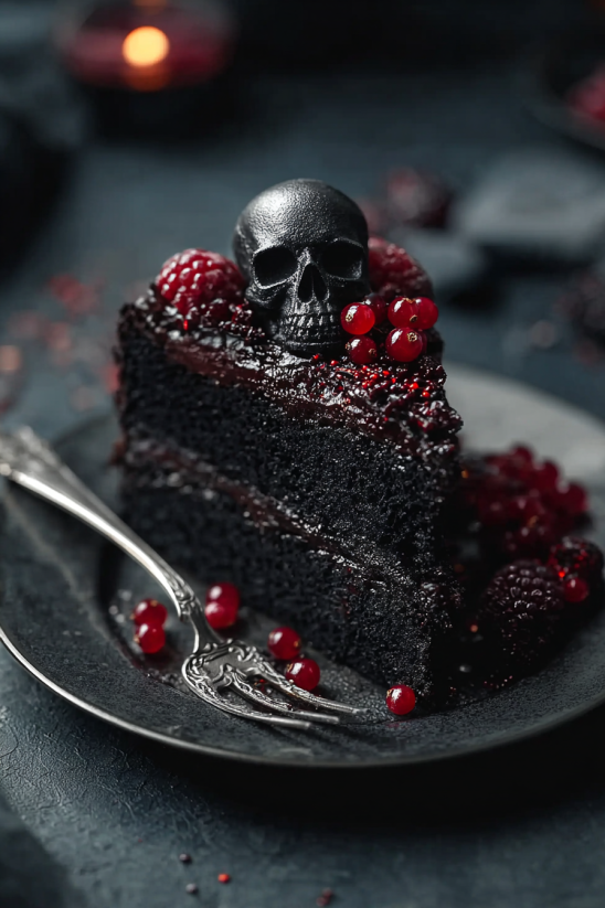A slice of chocolate cake with a skull on top.