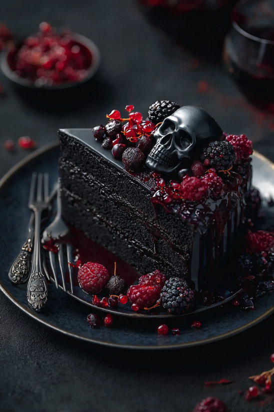 A slice of chocolate cake with a skull on top.