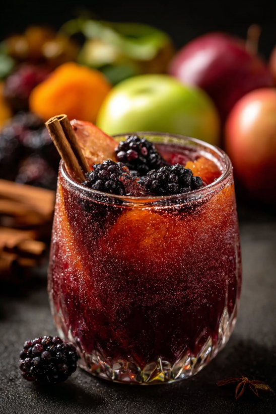 A glass of fruit juice with a cinnamon stick in it.