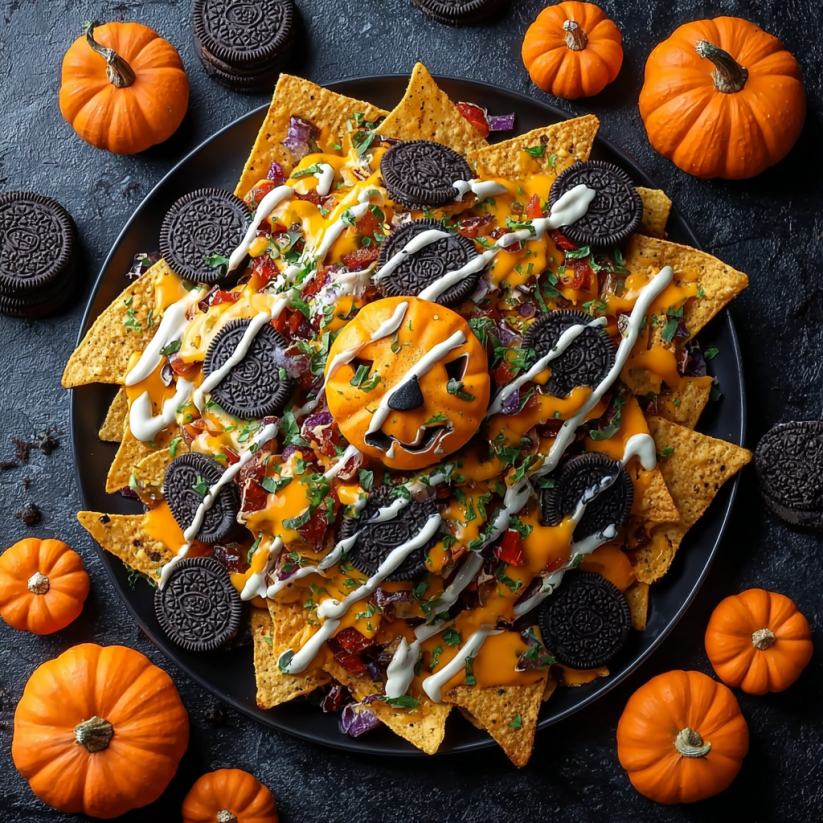 A plate of nachos with a sun and a pumpkin face on it.