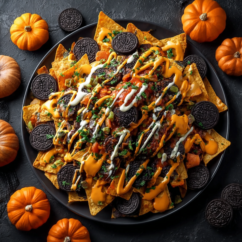 A plate of nachos with orange and black toppings.