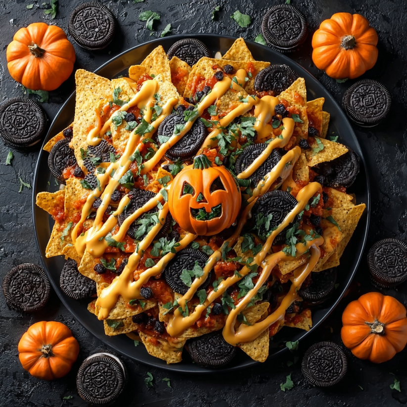 A plate of nachos with a pumpkin on top.