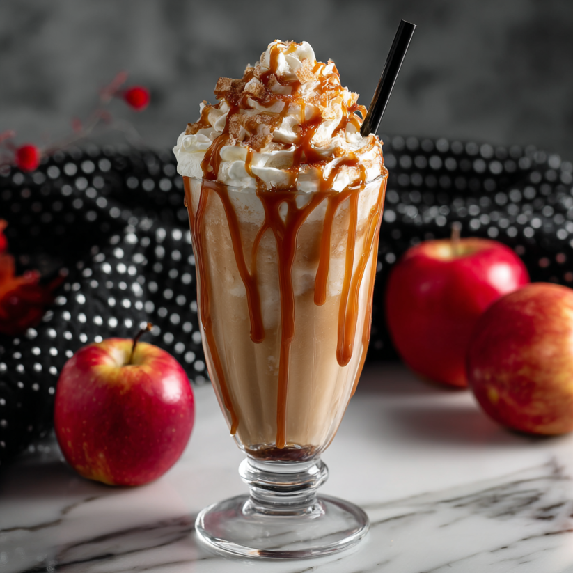 A glass of spiked caramel apple milkshake.