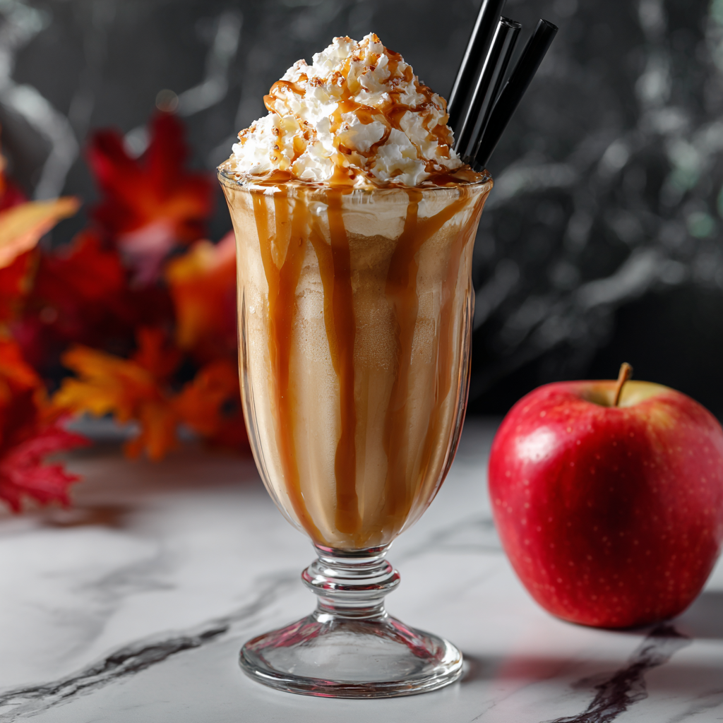 A glass of caramel macchiato with a black straw.