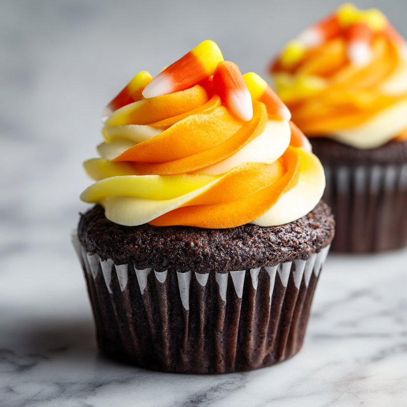Two cupcakes with orange and yellow frosting.