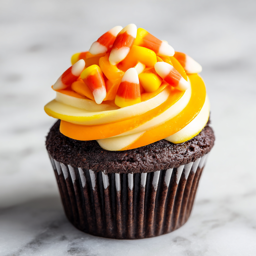 A cupcake with a caramel and pumpkin topping.