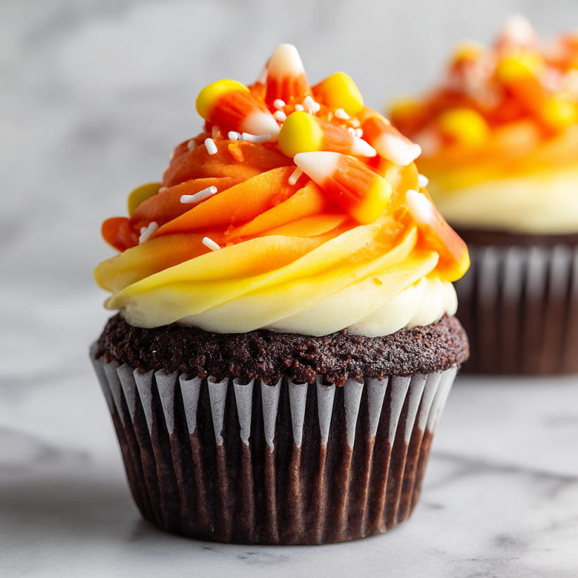 A cupcake with a yellow and orange frosting.