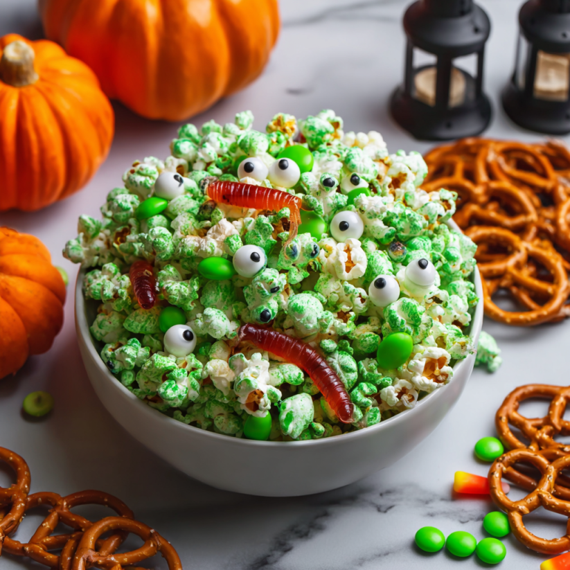 A bowl of popcorn with green and yellow eyes and a candy spider.