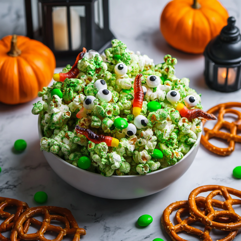 A bowl of popcorn with green eyes and a candy worm.