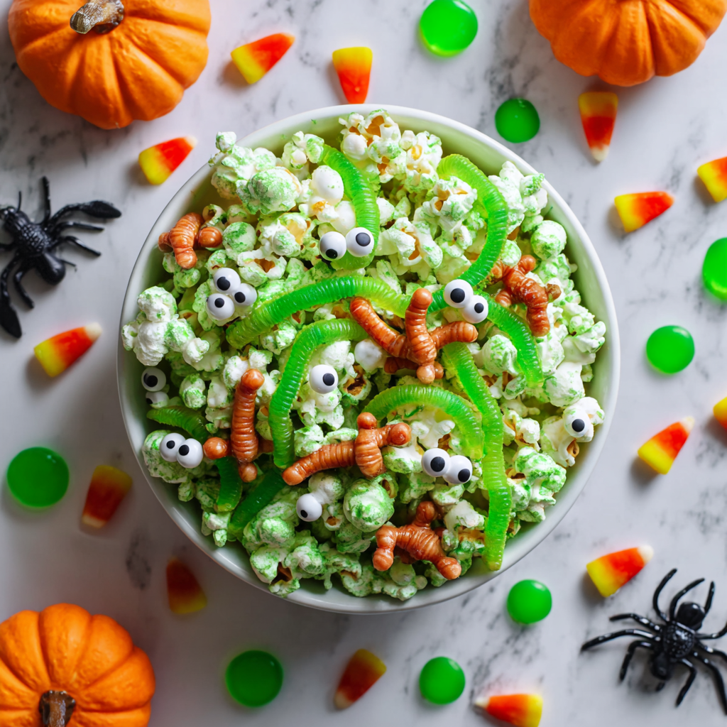 A bowl of popcorn with green and orange candy worms.