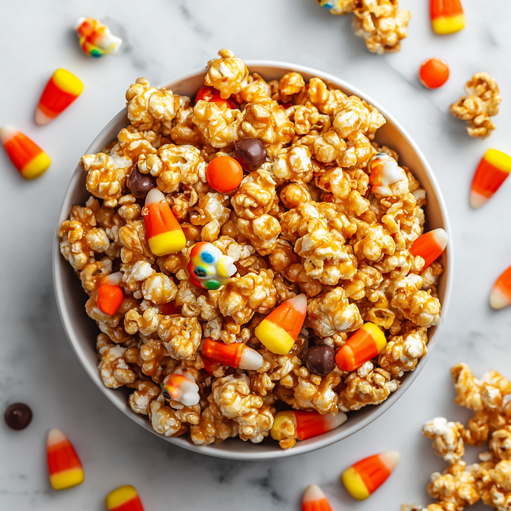 A bowl of popcorn with candy corn and chocolate chips.
