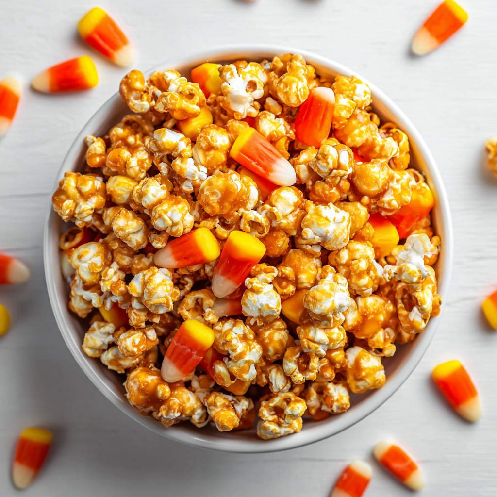 A bowl of popcorn with candy corn.