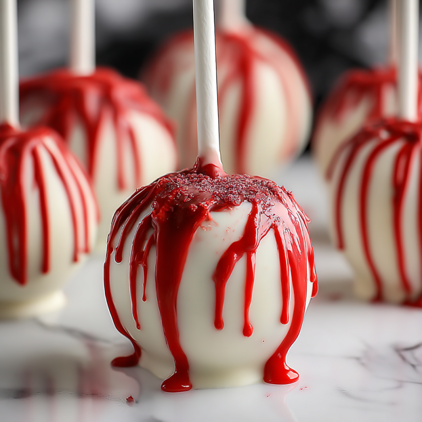 A close up of a cake pop with red icing and a white stick.
