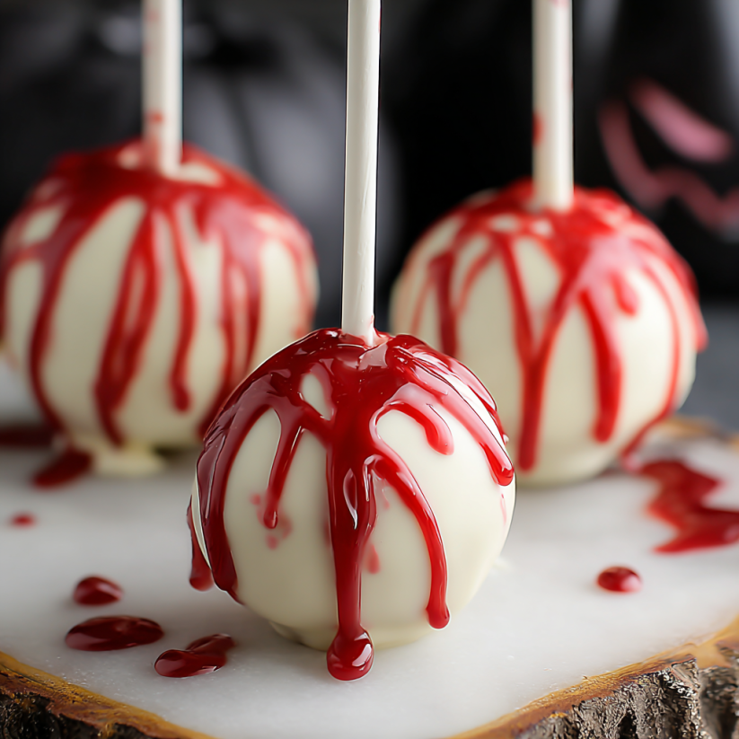 A close up of a cake pop with red icing and a toothpick.