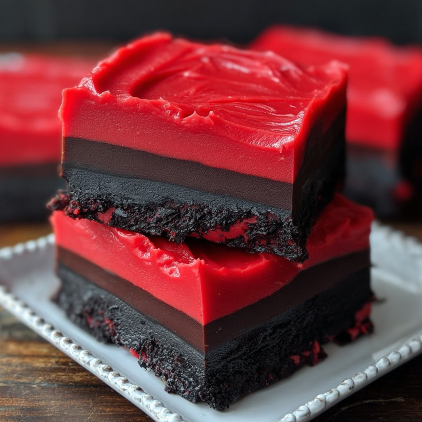 A close up of a piece of red and black fudge.