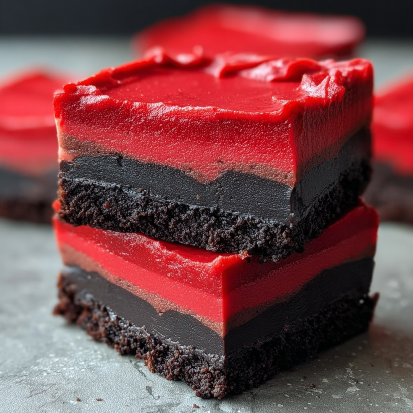 A slice of red and black fudge cake.
