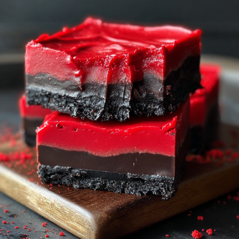 A slice of Vampire Fudge on a wooden board.