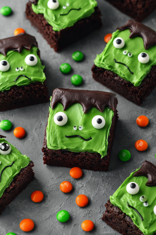 A cake with a green face and orange eyes.