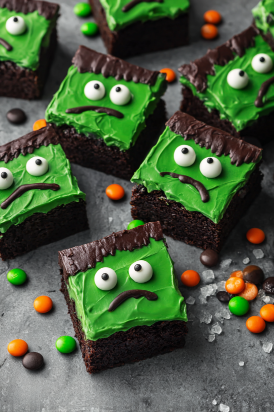 A green cake with a face on it.