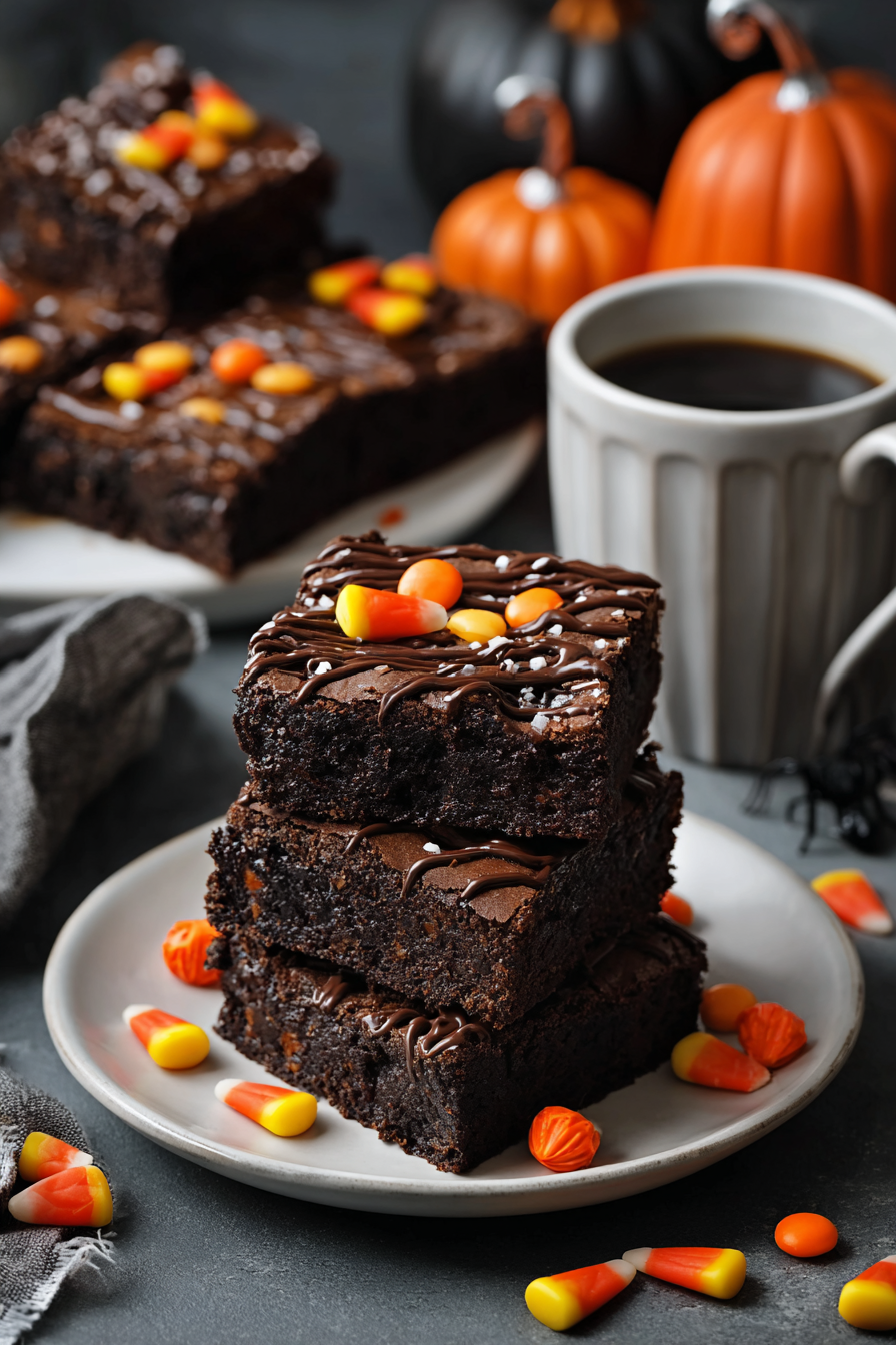 A plate of brownies with candy corn on top.
