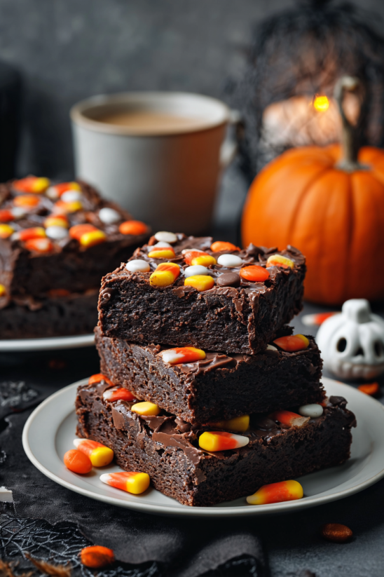 A stack of chocolate cake with chocolate frosting and candy toppings.