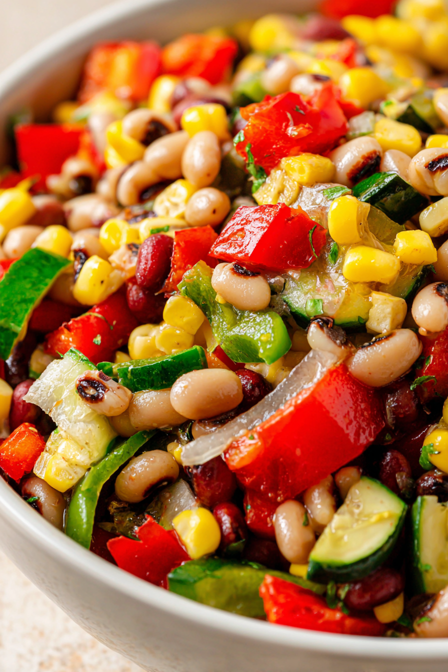 A bowl of vegetables including corn, beans, and tomatoes.