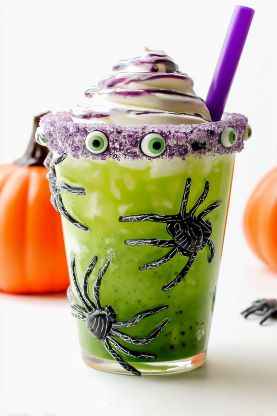 A green drink with a spider on the side.