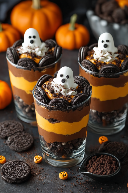 Three glasses of pumpkin patch dirt cups.
