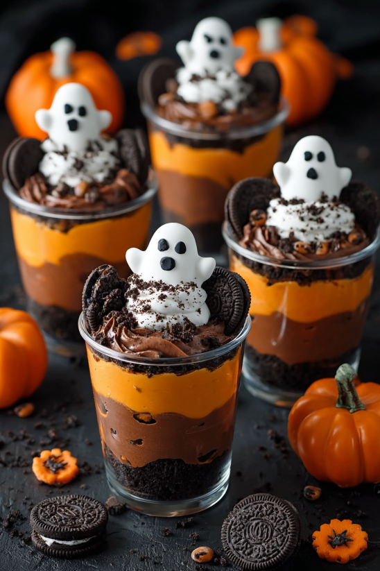 A cup of chocolate and cookie dessert with a ghost decoration.