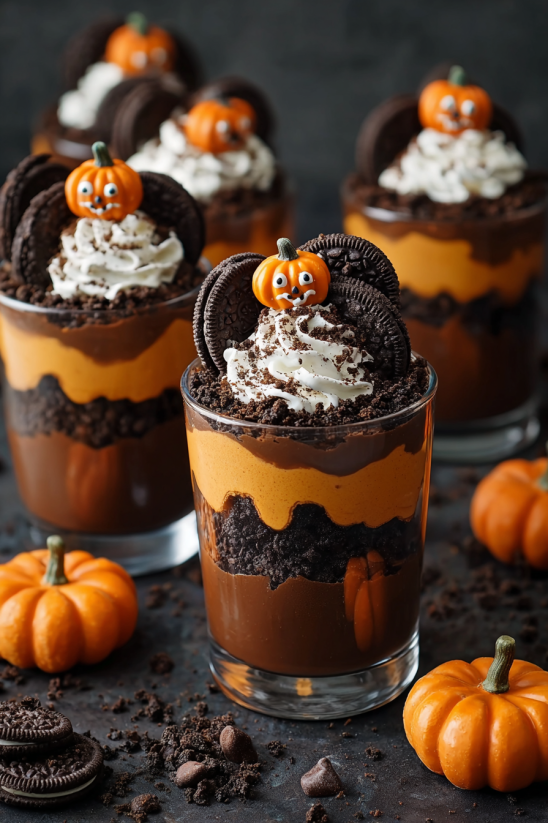 A glass of chocolate and cookie dessert with a pumpkin on top.