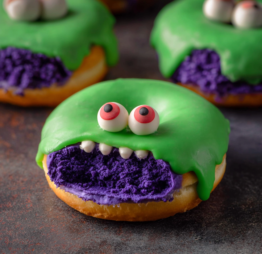 A green and purple donut with a green face.