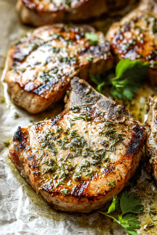 A piece of meat with herbs on it.