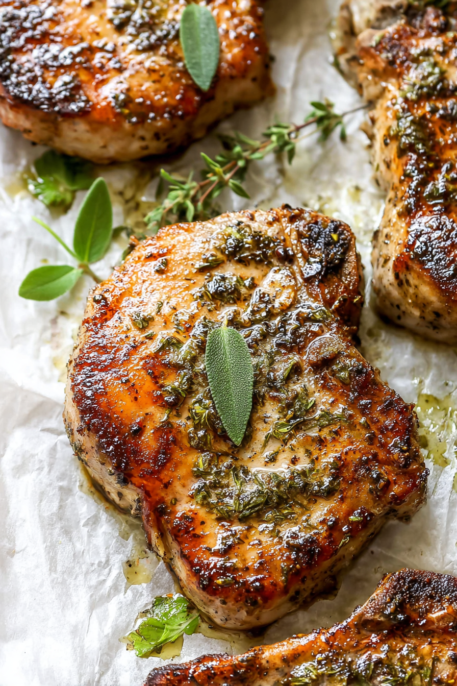 Chicken with herbs on a white paper.