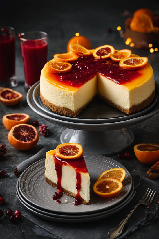 A slice of blood orange cheesecake with a drizzle of blood orange sauce.