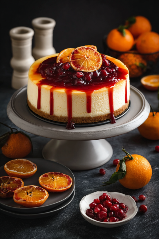 A slice of blood orange cheesecake with a cherry on top.