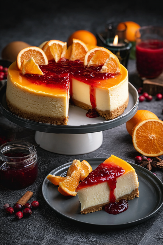 A slice of blood orange cheesecake with a cherry on top.