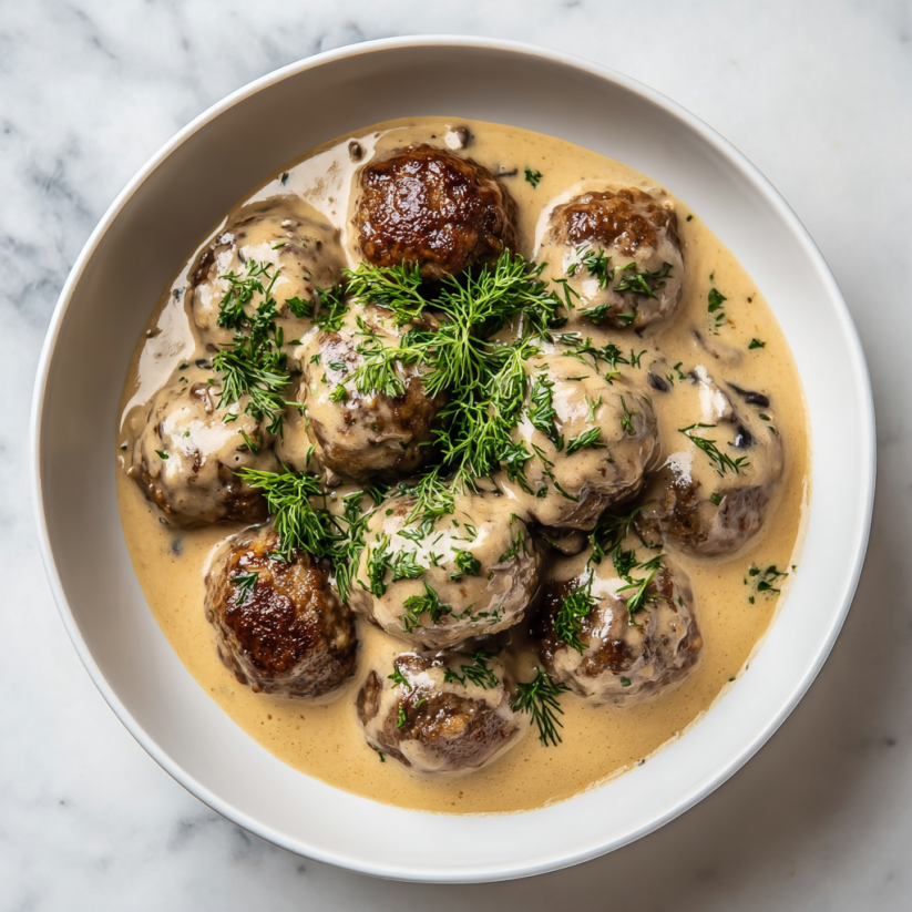 A plate of meatballs covered in gravy.