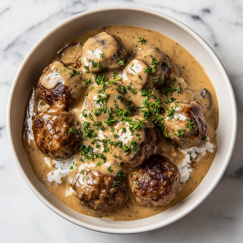 A bowl of meatballs in a brown sauce.