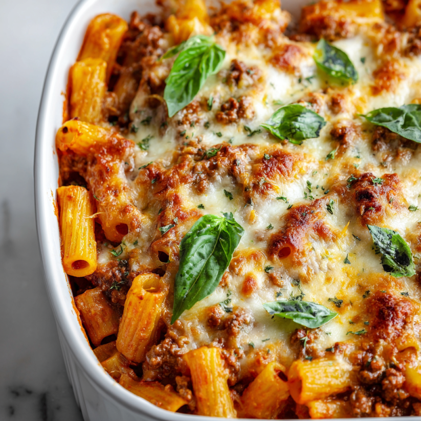 A baked ziti dish with sausage and ricotta.