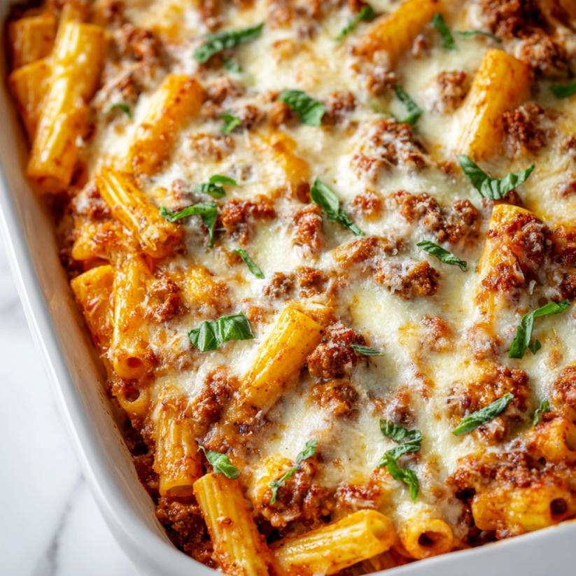 A baked ziti dish with sausage and ricotta.