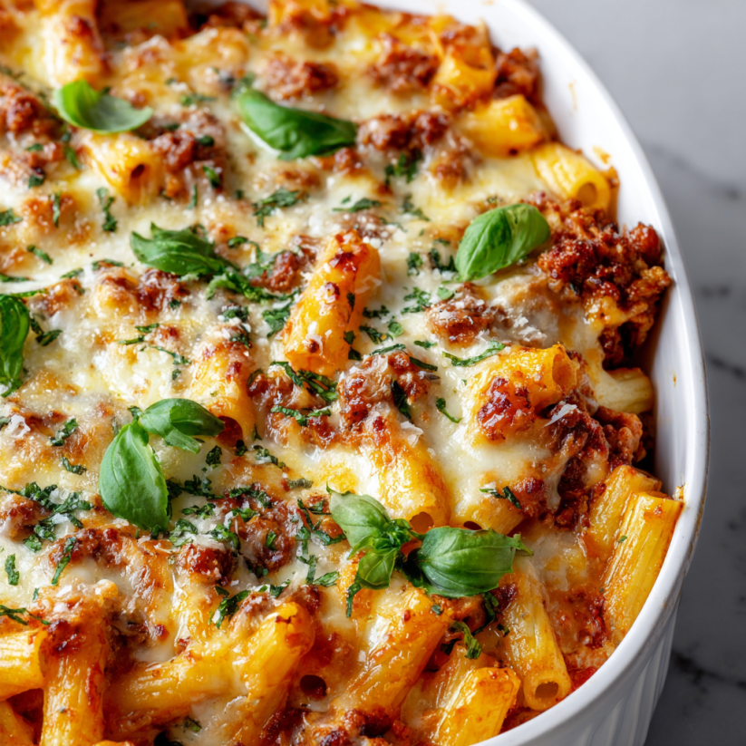 A baked ziti dish with sausage and ricotta.