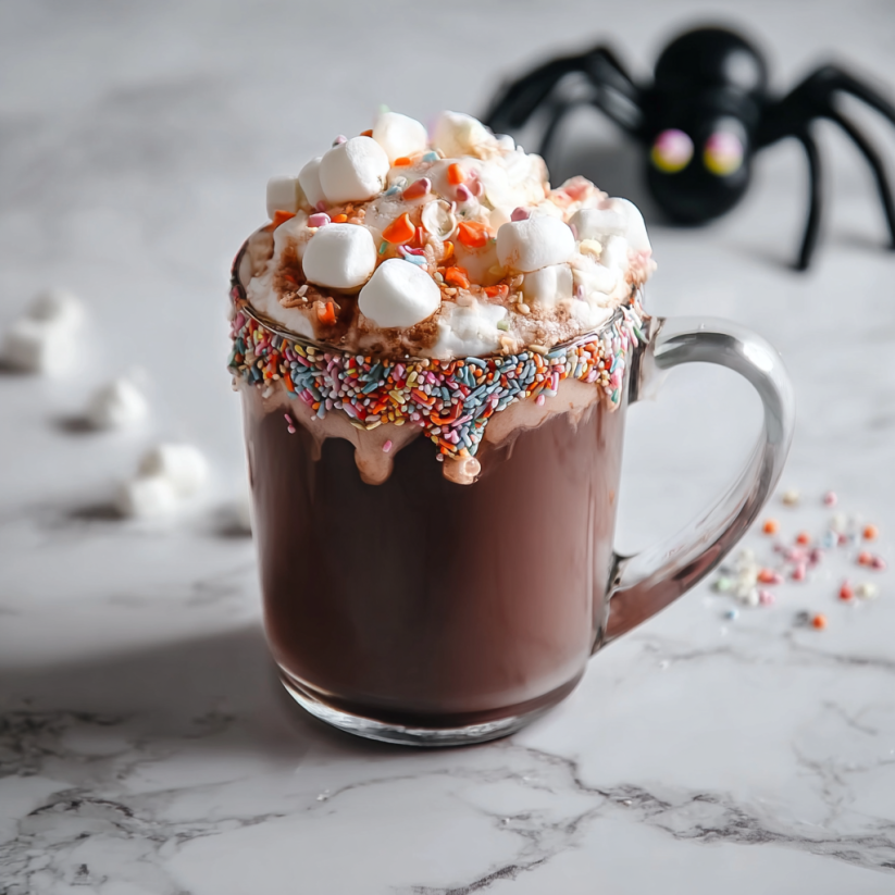 A cup of hot chocolate with marshmallows and a spider on the side.