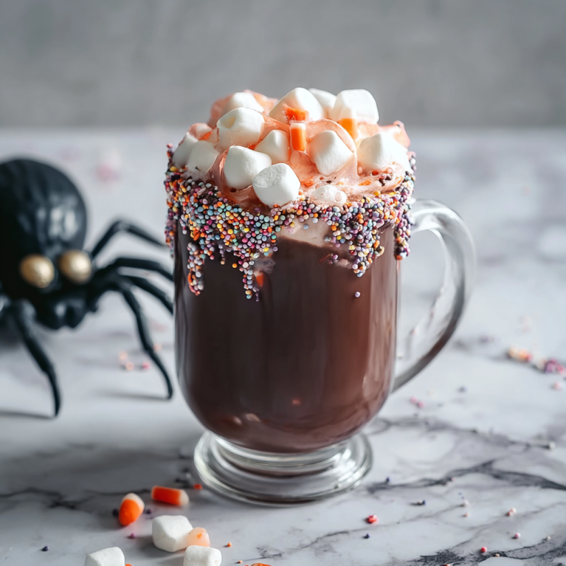 A cup of hot chocolate with marshmallows and a spider on the side.