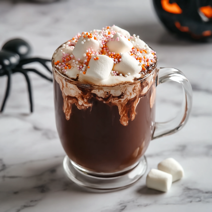 A cup of hot chocolate with marshmallows and a spider web.