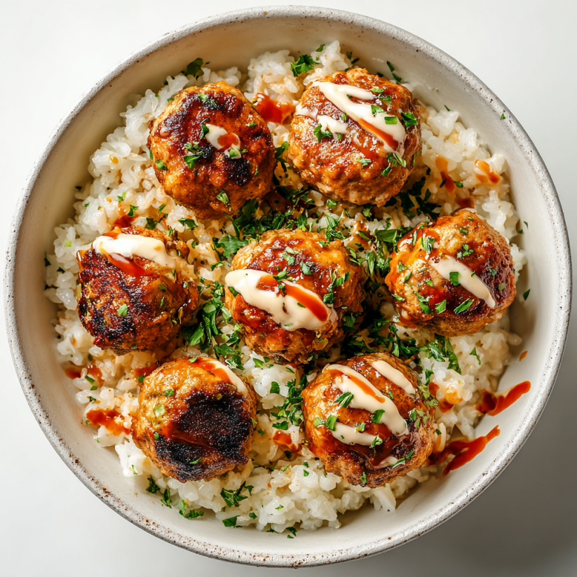 A bowl of meatballs with sauce and rice.