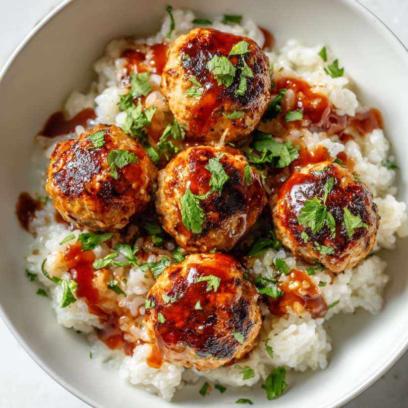 A bowl of meatballs with sauce and rice.