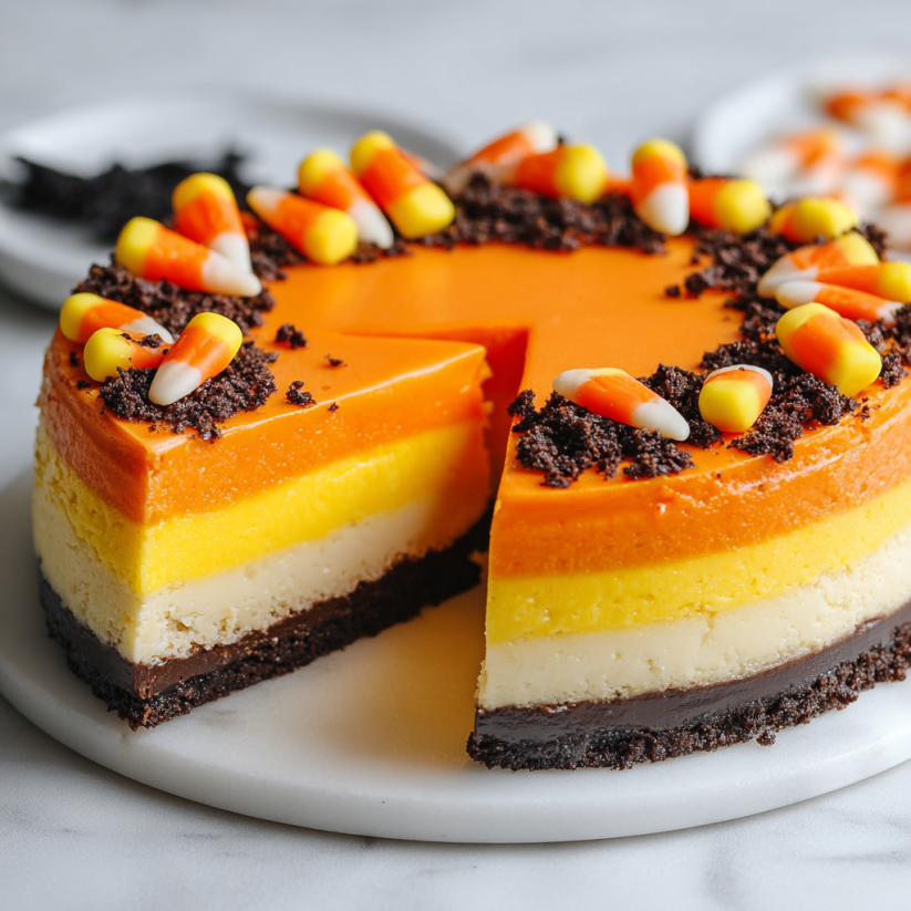 A slice of candy corn cheesecake.