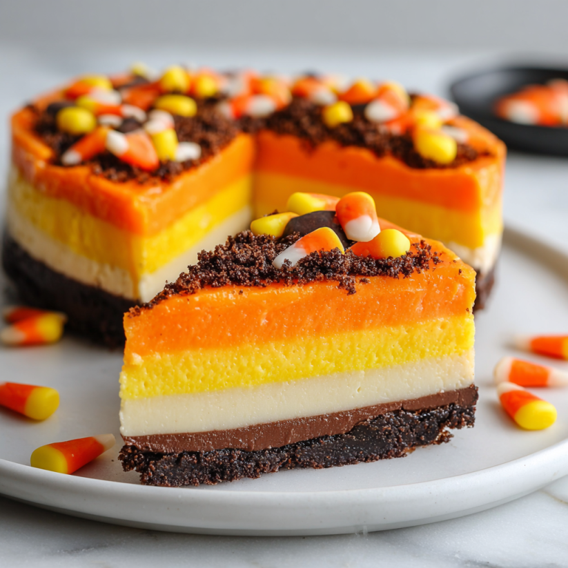 A slice of candy corn cheesecake on a plate.